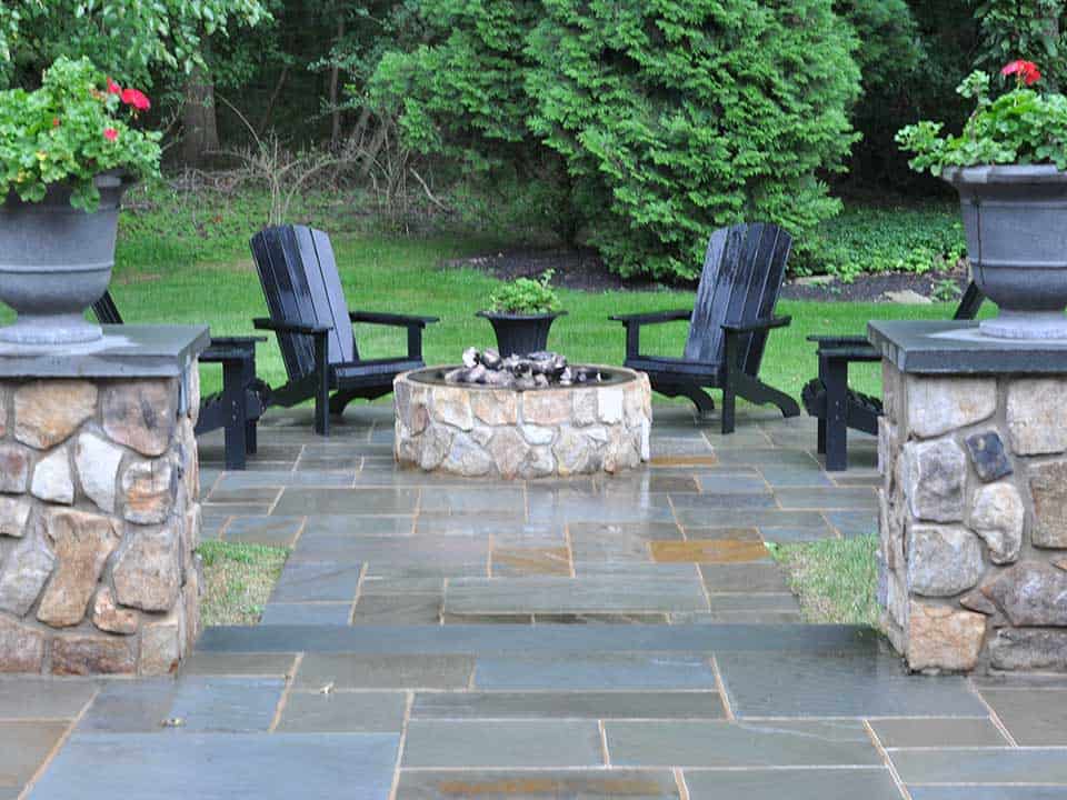 Patio with fire pit and chairs