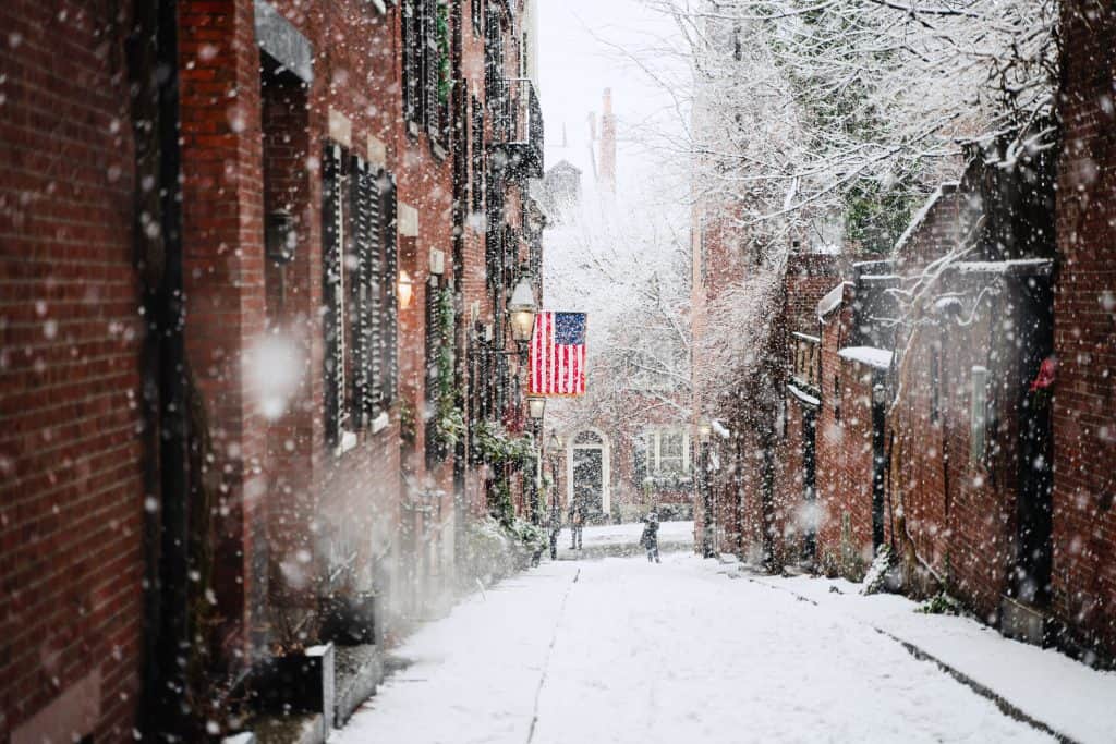 An old brick street in winter.