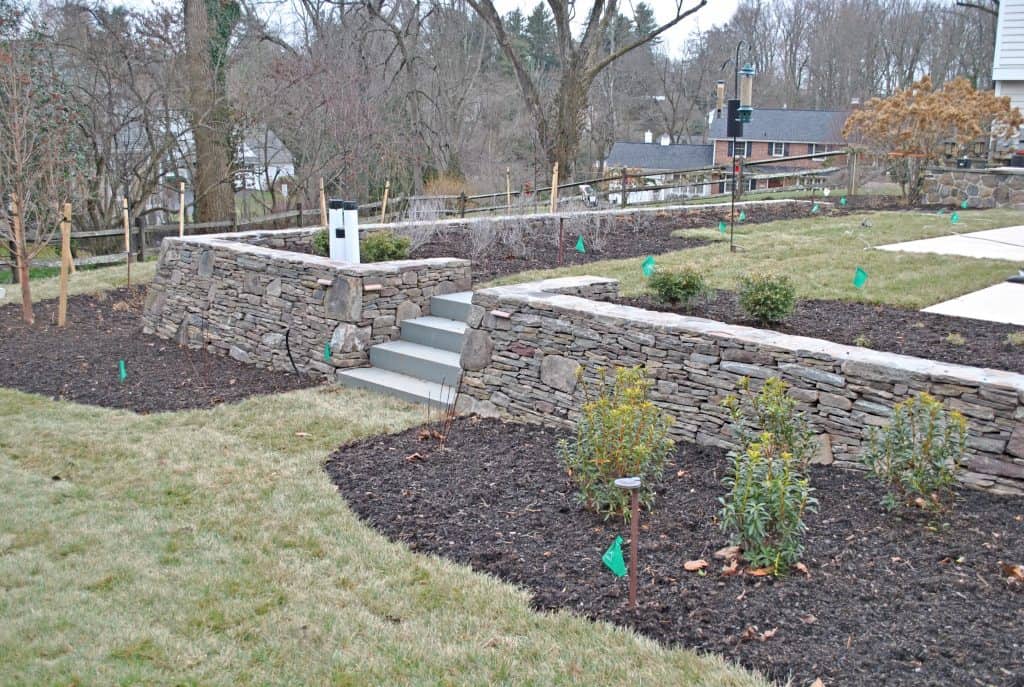 Backyard stone retaining wall