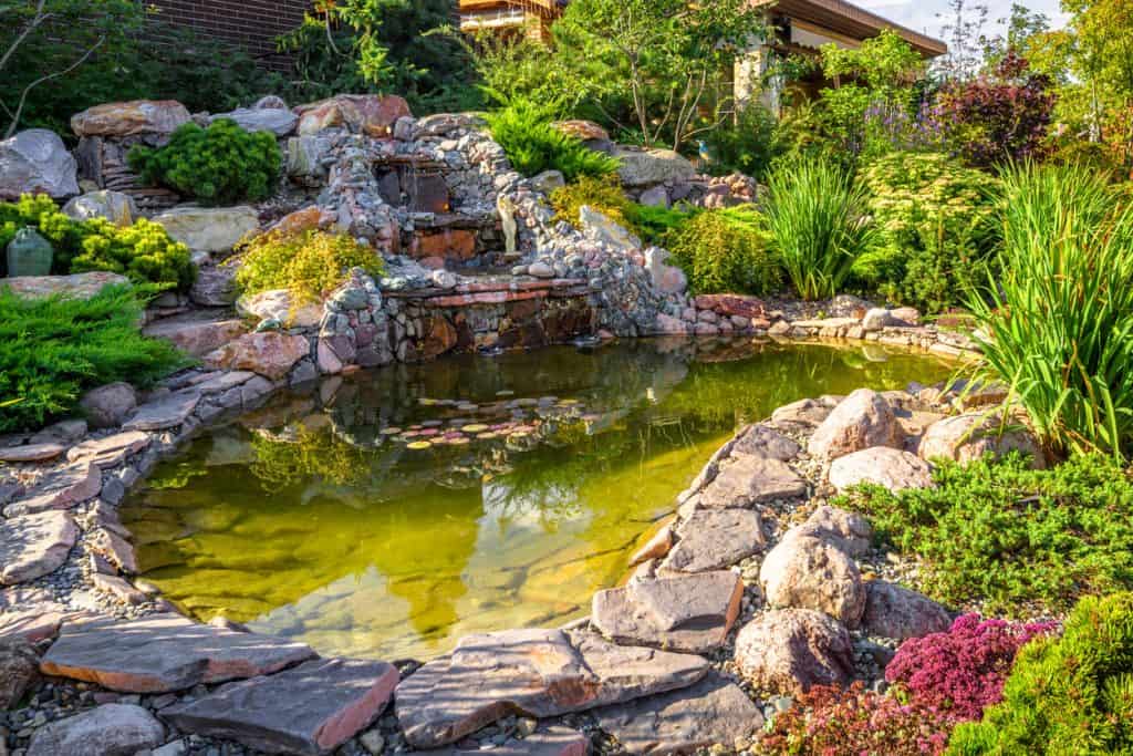 Backyard hardscaping; small pond and waterfall in a backyard