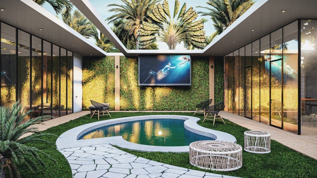 Outdoor movie theater with pool area