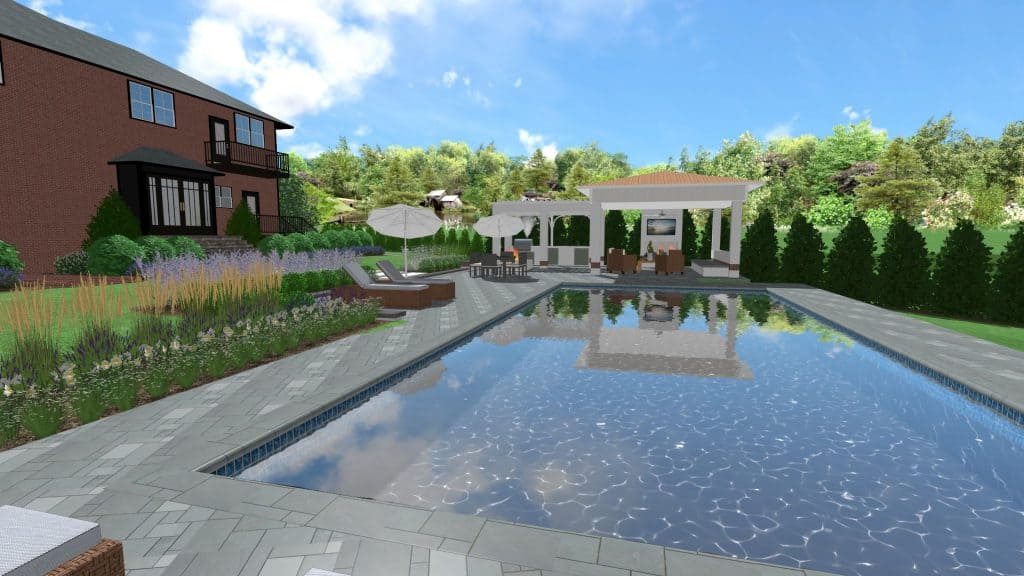 A 3D rendering of a pool and pergola
