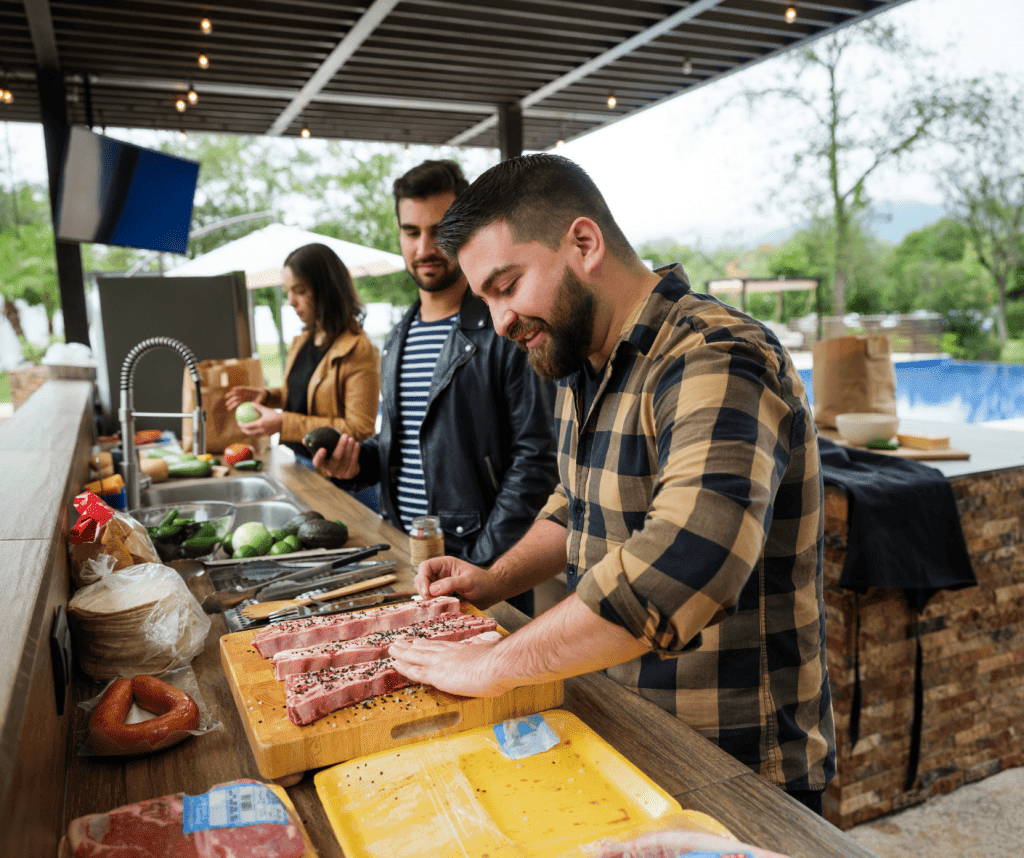 A party enjoying outdoor cooking.